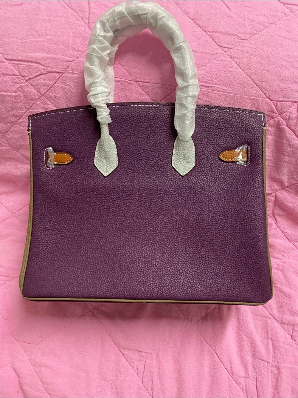 Women's Tri-Color Leather Tote Bag - Purple, White & Brown